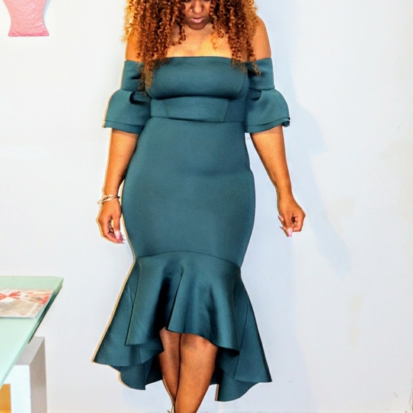 WOMEN'S DRESSES BODYCON PEPHEM HI LOW DRESS, TEAL - Picture 2 of 8